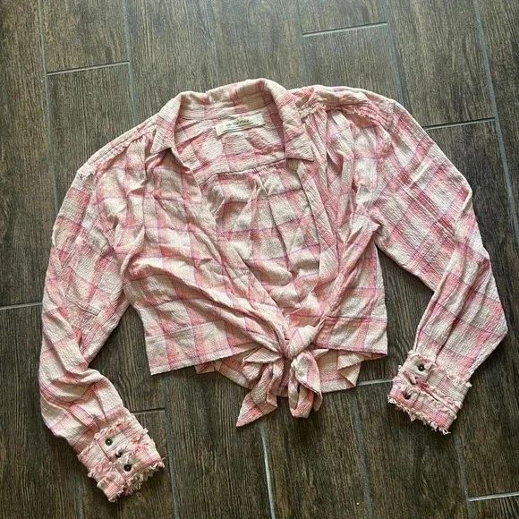We The Free Pink Free People Plaid Wrap‎ Shirt L - Picture 2 of 6